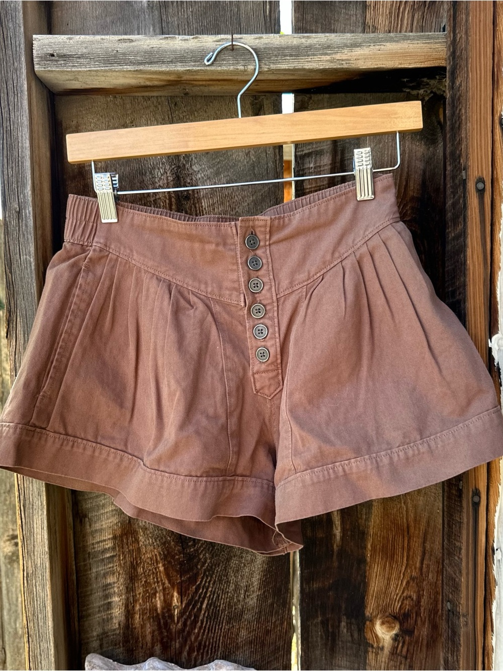 Altar'd State High-Waist Button-Front Shorts in Brown